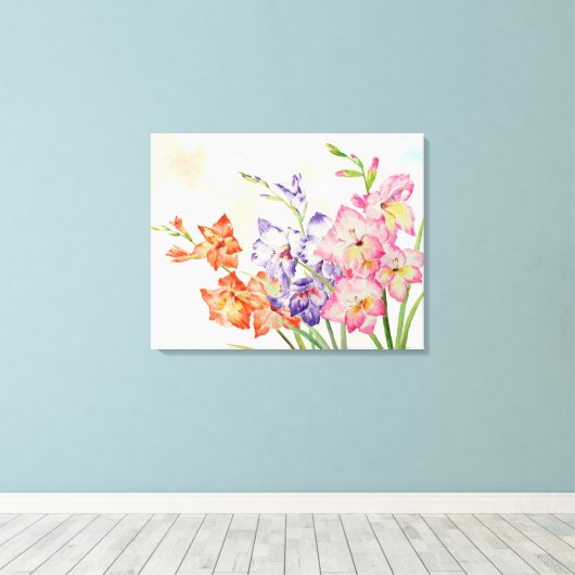 Waterverf Gladiolus Roze, Geel en Paarse Canvas Afdruk (Insitu (Houten vloer))