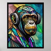 Waterverf Glas in lood chimp dragen hoofdtelefoon Poster (Voorkant)