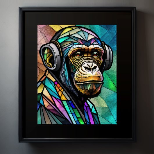 Waterverf Glas in lood chimp dragen hoofdtelefoon Poster