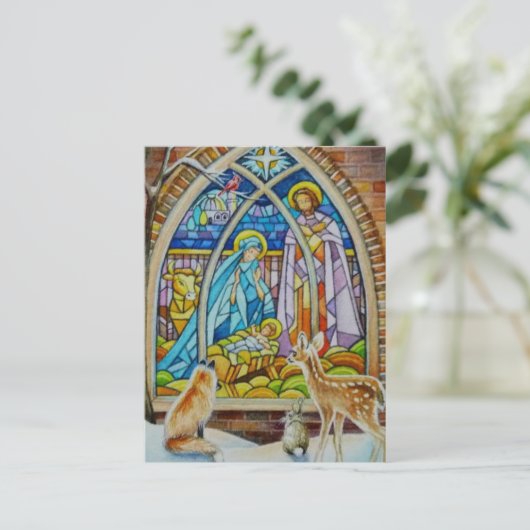 Waterverf Glas in lood dieren en geboorte Briefkaart (Staand voorkant)