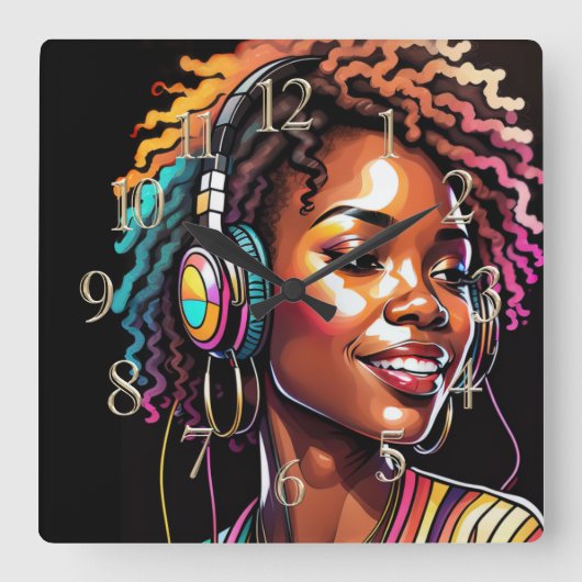 Waterverf Glas in lood Vrouw Dragen Hoofdtelefoon Vierkante Klok (Voorkant)