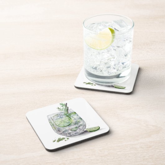 WATERVERF GLAS VAN GIN EN TONIC MET LIMOEN BIER ONDERZETTER (Rechterzijde)