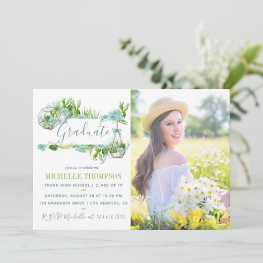 Waterverf Glass Terrarium Succulent Afstuderen Kaart (Staand voorkant)