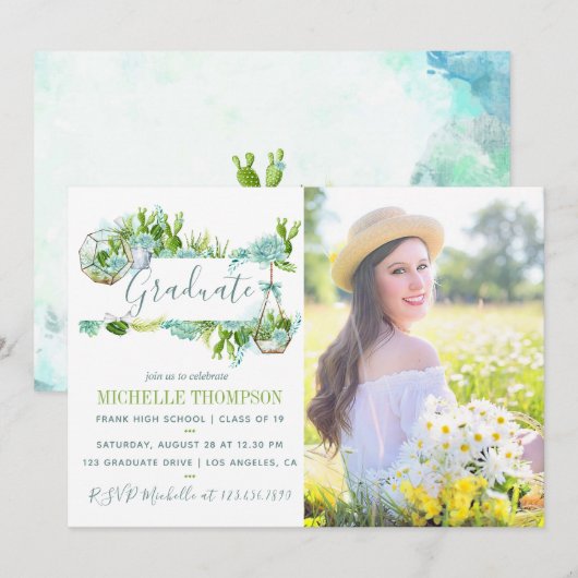 Waterverf Glass Terrarium Succulent Afstuderen Kaart (Voorkant / Achterkant)