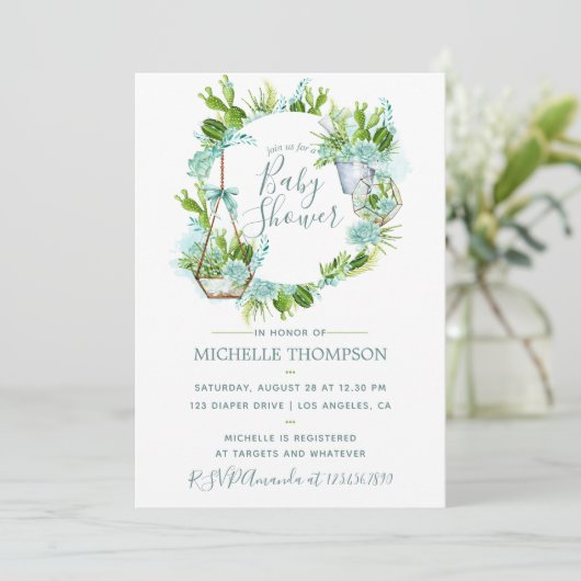 Waterverf Glass Terrarium Succulents Baby shower Kaart (Staand voorkant)