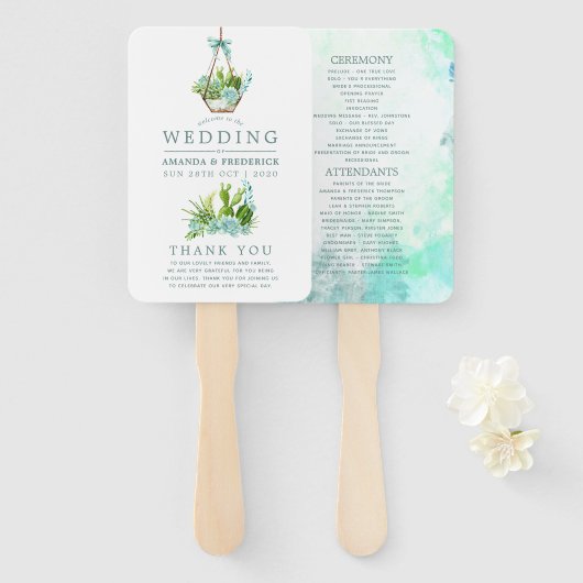 Waterverf Glass Terrarium Succulents Wedding Handwaaier (Voorkant en achterkant)