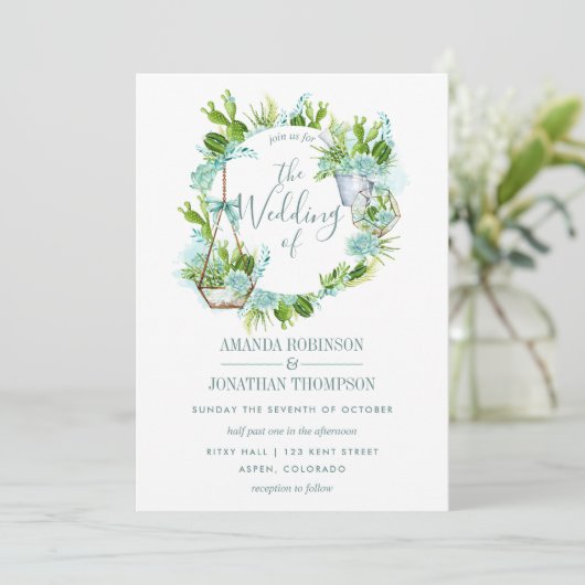 Waterverf Glass Terrarium Succulents Wedding Kaart (Staand voorkant)