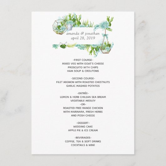 Waterverf Glass Terrarium Succulents Wedding Menu (Voorkant)