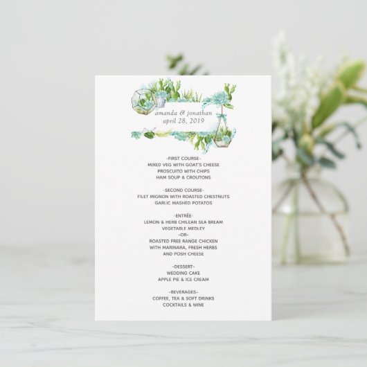 Waterverf Glass Terrarium Succulents Wedding Menu (Staand voorkant)