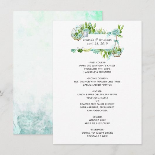 Waterverf Glass Terrarium Succulents Wedding Menu (Voorkant / Achterkant)
