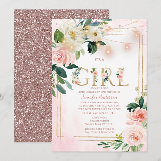 Waterverf Glitter Baby Girl SHOWER OP MAIL Kaart (Voorkant / Achterkant)
