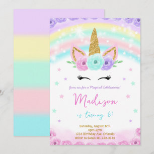 Waterverf Glitter Eenhoorn Verjaardagsuitnodiging Kaart