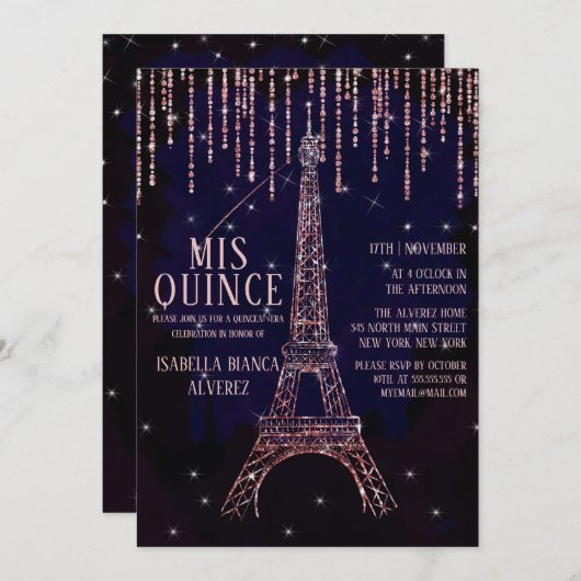 Waterverf Glitter Paris Eiffeltoren Quinceañera Kaart (Voorkant / Achterkant)