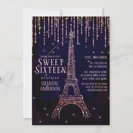 Waterverf Glitter Paris Eiffeltoren Sweet 16 Kaart (Voorkant)