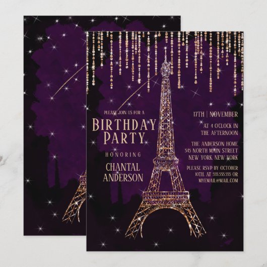 Waterverf Glitter Paris Eiffeltoren Verjaardagsfee Kaart (Voorkant / Achterkant)