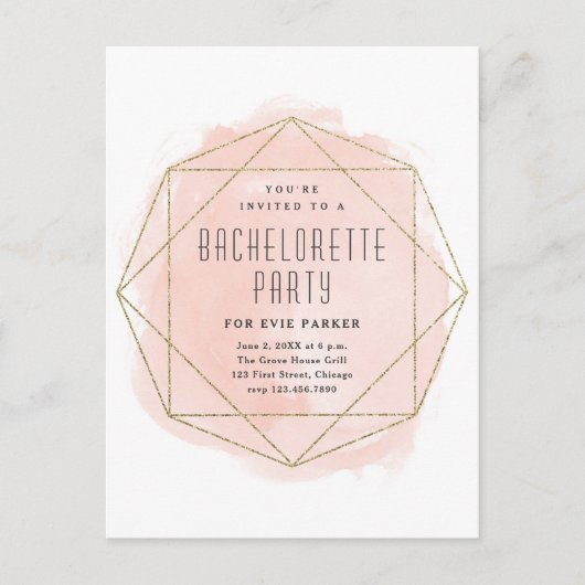 Waterverf Glitter Pink Bachelorette Party Uitnodiging Briefkaart (Voorkant)