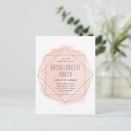 Waterverf Glitter Pink Bachelorette Party Uitnodiging Briefkaart (Staand voorkant)