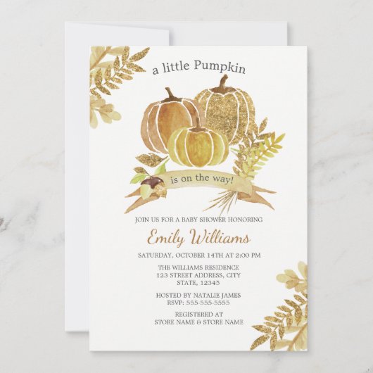 Waterverf Glitter Pompoen Herfst Baby shower Kaart (Voorkant)