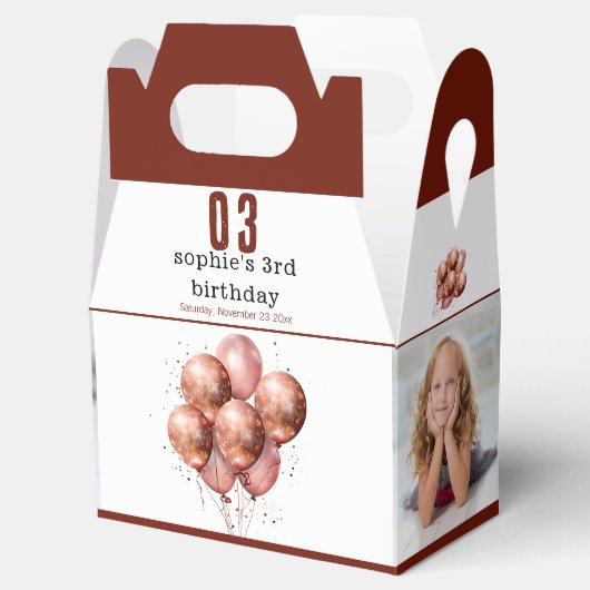 Waterverf Glitter Roos Gouden ballon 3e verjaardag Bedankdoosjes (Geopend)