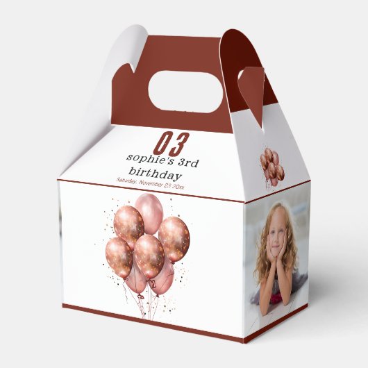 Waterverf Glitter Roos Gouden ballon 3e verjaardag Bedankdoosjes (Voorkant Zijde)