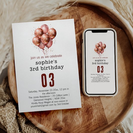 Waterverf Glitter Roos Gouden ballon 3e verjaardag Kaart