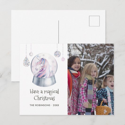 Waterverf Glitter Unicorn Winter Holiday Feestdagenkaart (Voorkant / Achterkant)