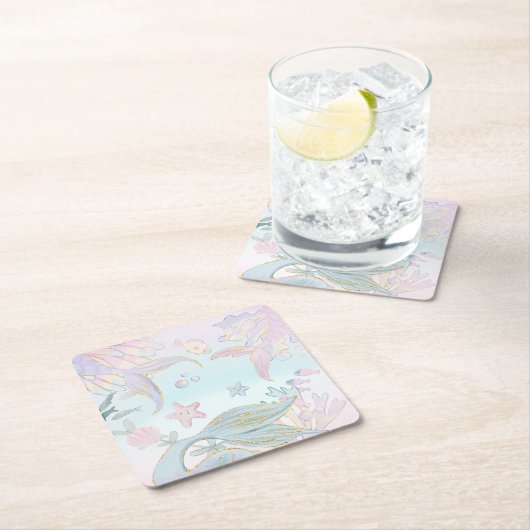 Waterverf Glitter Zeemeermin Onder het Zee Party Kartonnen Onderzetters (Insitu)