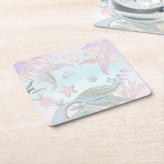 Waterverf Glitter Zeemeermin Onder het Zee Party Kartonnen Onderzetters (Schuin)