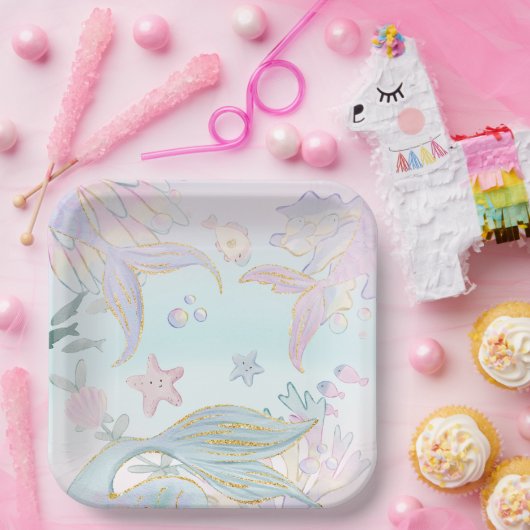 Waterverf Glitter Zeemeermin Onder het Zee Party Papieren Bordje (Feest)