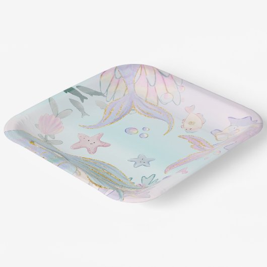 Waterverf Glitter Zeemeermin Onder het Zee Party Papieren Bordje (Gebogen)