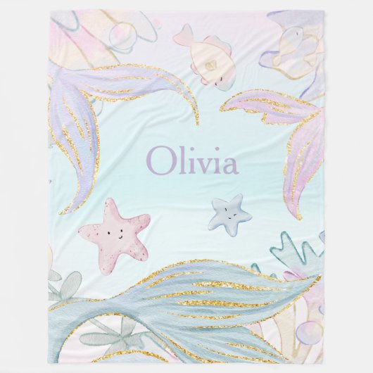 Waterverf Glitter Zeemeermin Staarten Onder het Ze Fleece Deken (Voorkant)