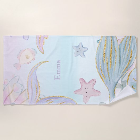 Waterverf Glitter Zeemeermin Staarten Onder het Ze Strandlaken (Voorkant)