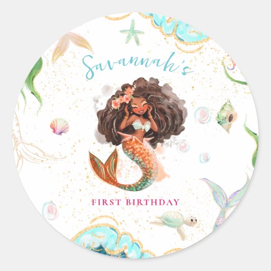 Waterverf Glitter Zeemeermin Verjaardag Ronde Sticker (Voorkant)