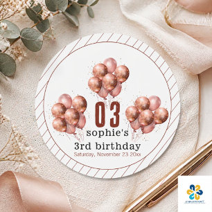 Waterverf glitters rozegoud ballon 3e verjaardag ronde sticker