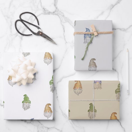 Waterverf Gnome Gift Wrap | 3 vellen | 3 kleuren (Voorkant)