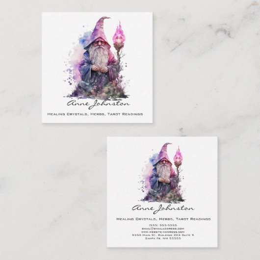 Waterverf Gnome Wizard Paarse en Zwart Vierkante Visitekaartje (Voorkant / Achterkant)