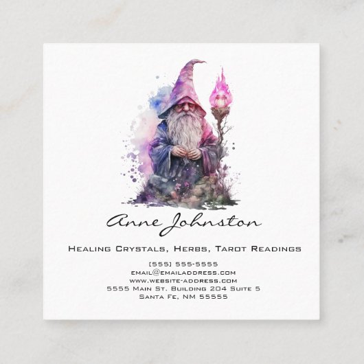 Waterverf Gnome Wizard Paarse en Zwart Vierkante Visitekaartje (Achterkant)