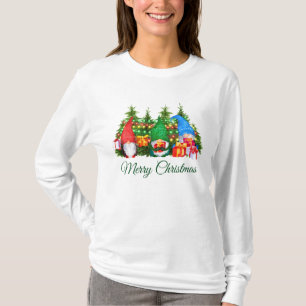 Waterverf Gnomes Green Merry Christmas Long W T-shirt