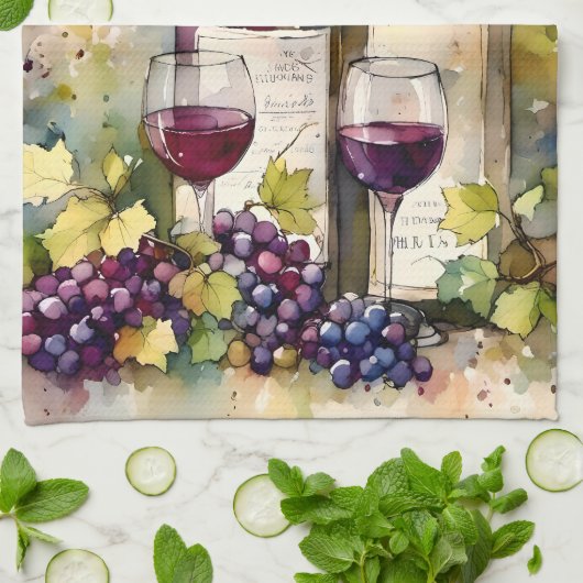 Waterverf Goede Vrienden Wijn Samen Theedoek (Gevouwen)