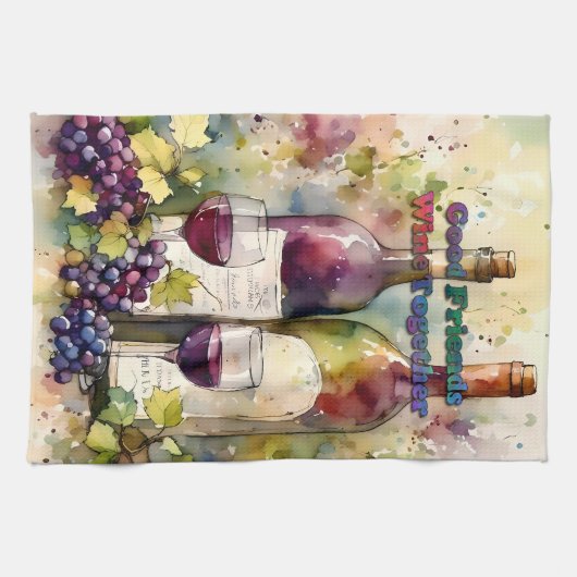 Waterverf Goede Vrienden Wijn Samen Theedoek (Horizontaal)