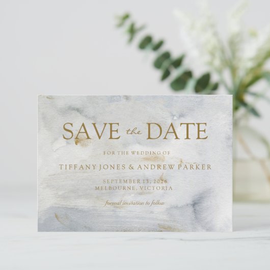 Waterverf Gold Blue Marble Wedding Save the Date (Staand voorkant)