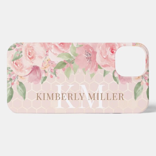 Waterverf Gold Blush Pink Floral Monogram iPhone Hoesje (Achterkant horizontaal)