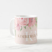 Waterverf Gold Blush Pink Floral Monogram Koffiemok (Voorkant links)
