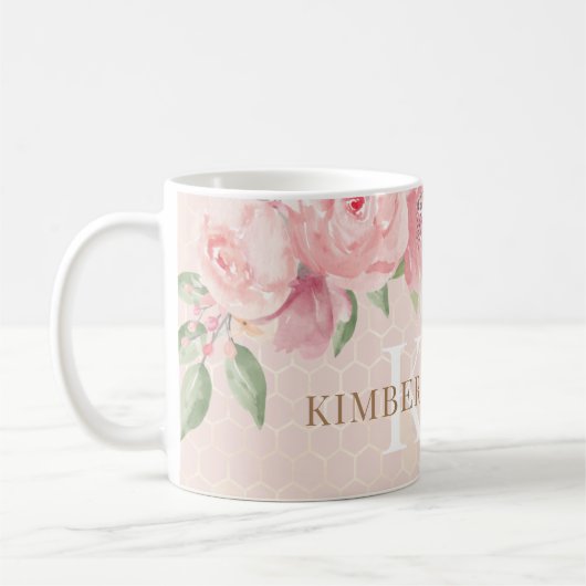 Waterverf Gold Blush Pink Floral Monogram Koffiemok (Links)