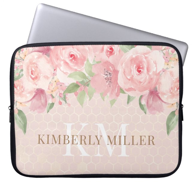 Waterverf Gold Blush Pink Floral Monogram Laptop Sleeve (Voorkant)