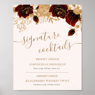 Waterverf Gold burgundy rozen cocktail Sign. Poster