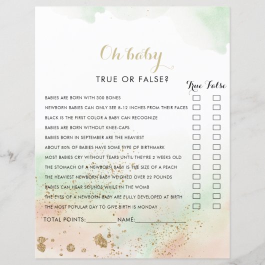 Waterverf Gold Confetti Oh Baby shower Game (Voorkant)