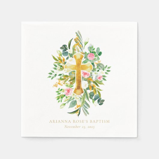 Waterverf Gold Cross - roze, witte flora - baptism Servet (Voorkant)
