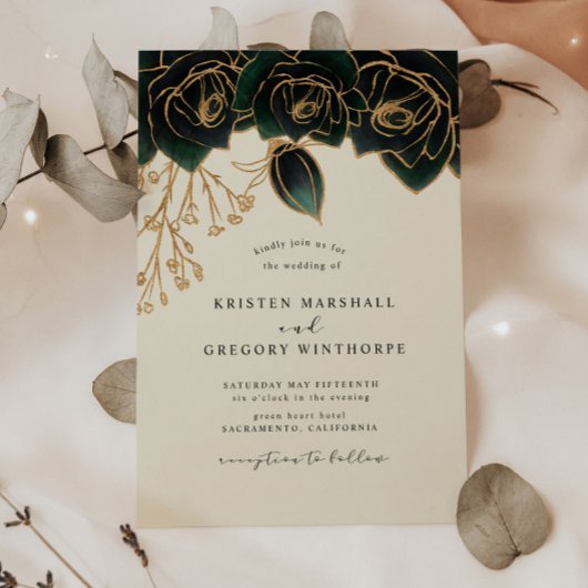 Waterverf Gold en Green Rozen Wedding Kaart