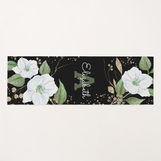 Waterverf Gold Floral Black Chic Monogram Script Yogamat (Voorkant (horizontaal))
